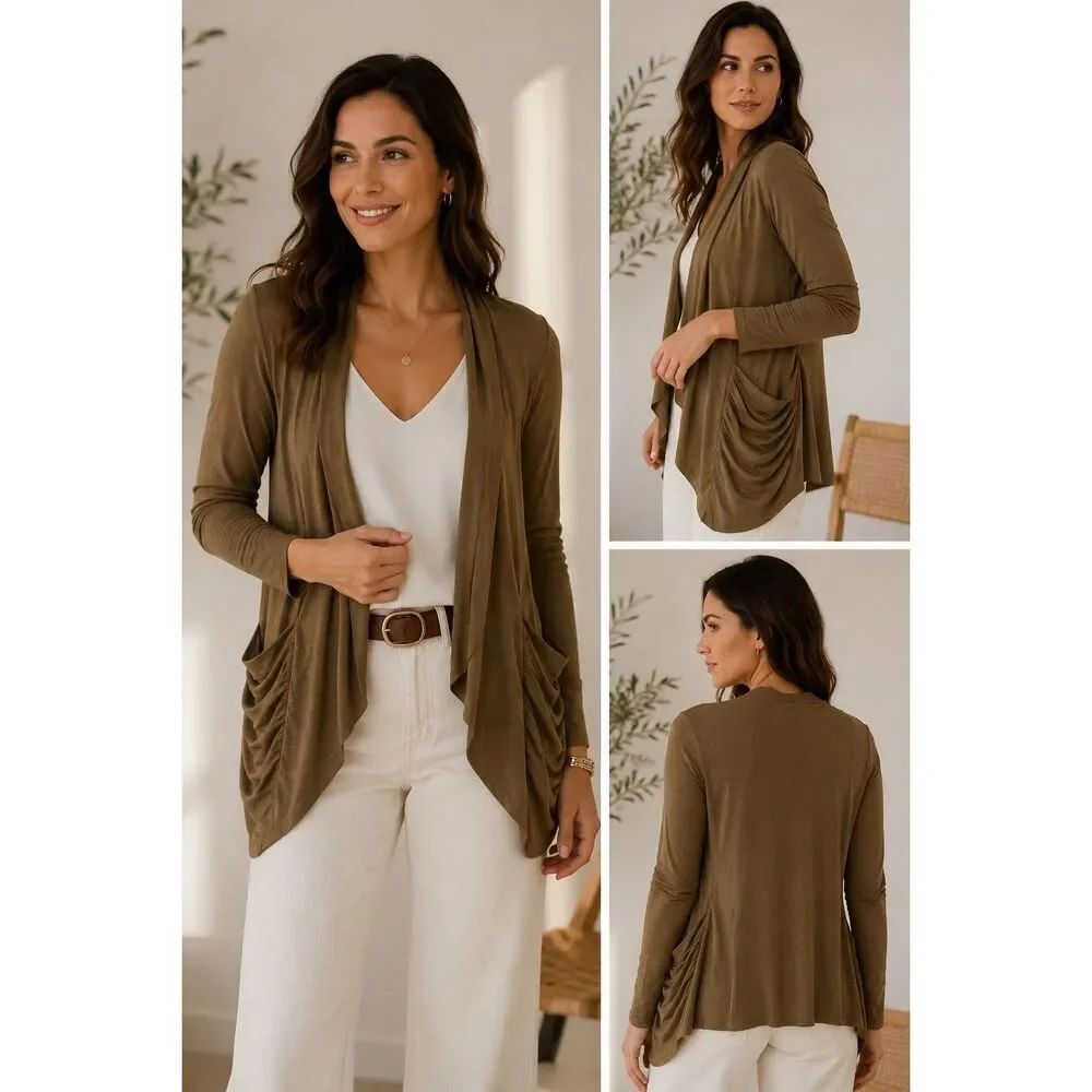 Frontoline Open Front Ruched Pocket Cardigan Long Sleeve Sz M Made In Italy